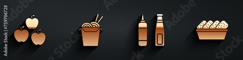 Set Apple, Asian noodles and chopsticks, Sauce bottle and Chicken nuggets in box icon with long shadow. Vector