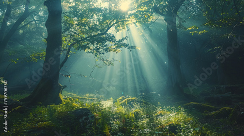 Sunbeams filter through the canopy of a lush  green forest  illuminating the mist and the verdant undergrowth.