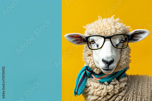 sheep wearing glasses and a scarf is the main focus. sheep's appearance is whimsical and playful, with the glasses and scarf adding a touch of humor. Funny sheep with cool glasses with colored tie. photo