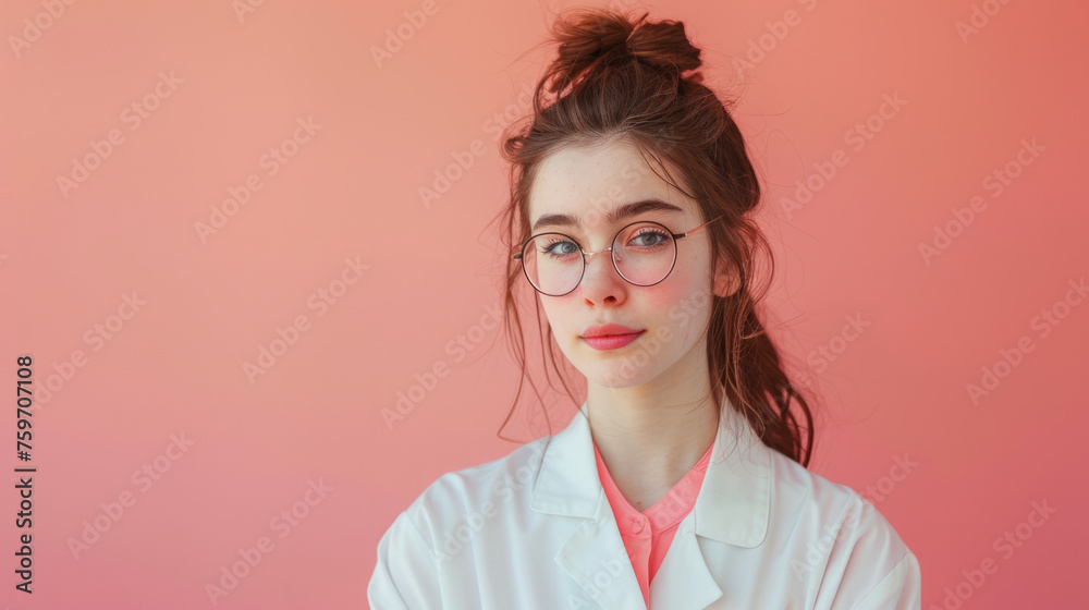 A young woman with a high bun hairstyle and round glasses stands against a pink background wearing a white lab coat over a bright pink shirt, looking directly at the camera with a natural expression.