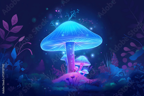 Illustration of a glowing mushroom in the style of a fantasy world with neon lights.