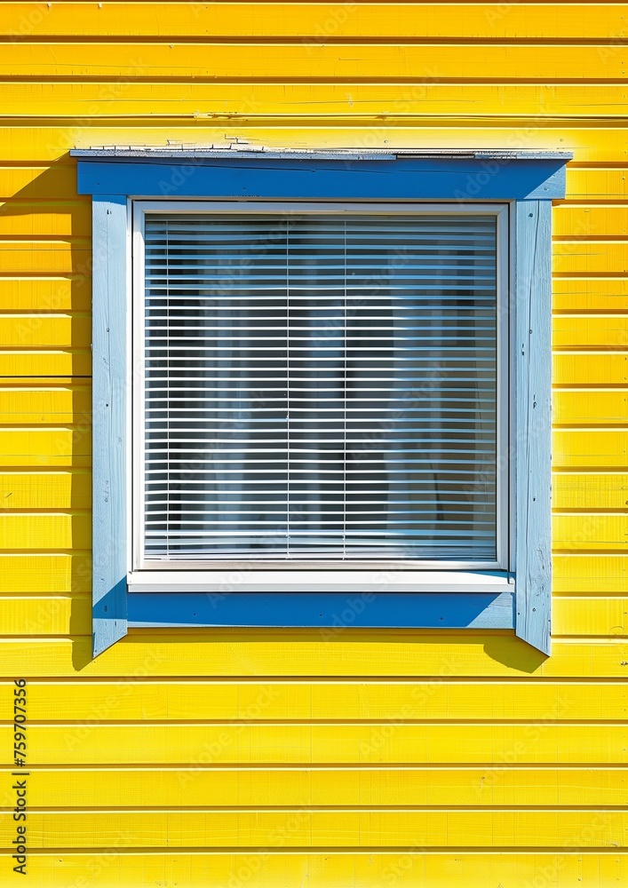 Fototapeta premium White window on yellow shingled wall. Typical colourful architecture. Space for your text.