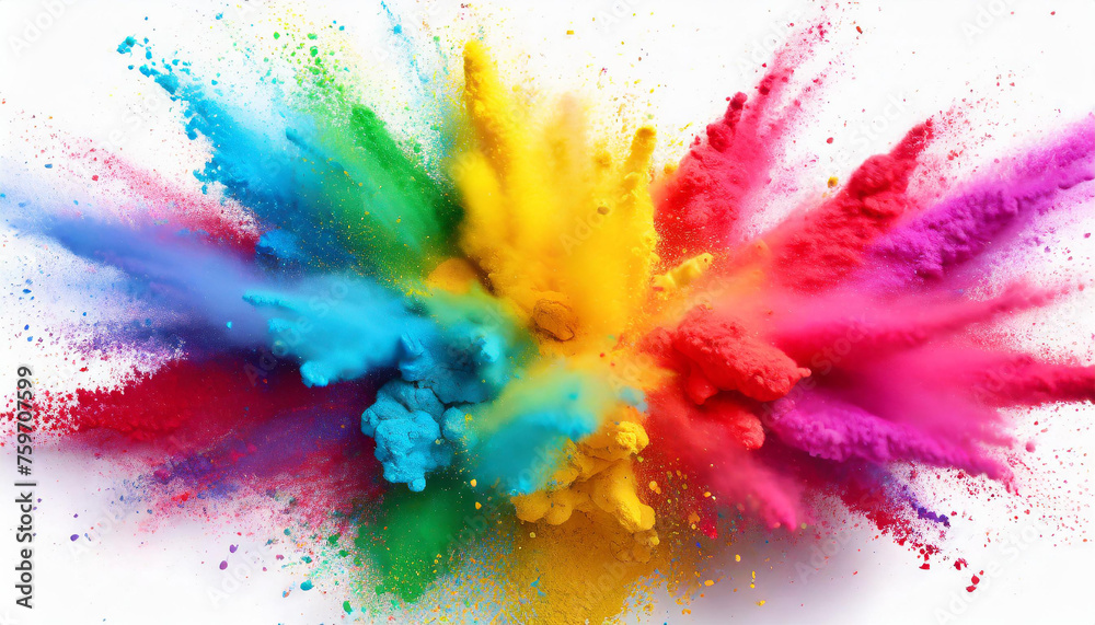 Holi holiday celebration. Colorful rainbow holi paint color powder explosion isolated on white