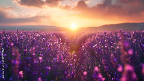 Vibrant lavender fields at sunset with sun dipping below the horizon, casting warm light across the floral landscape, creating a serene atmosphere.