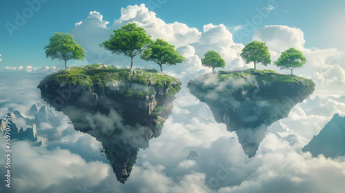 Floating islands with lush greenery above the clouds in a clear blue sky, concept of fantasy and nature. © ChubbyCat