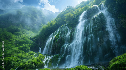 Majestic waterfall cascading down lush green mossy cliffs under a blue sky with light piercing through the mist.