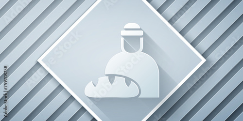 Paper cut Feeding the homeless icon isolated on grey background. Help and support. Giving food to the hungry concept. Paper art style. Vector