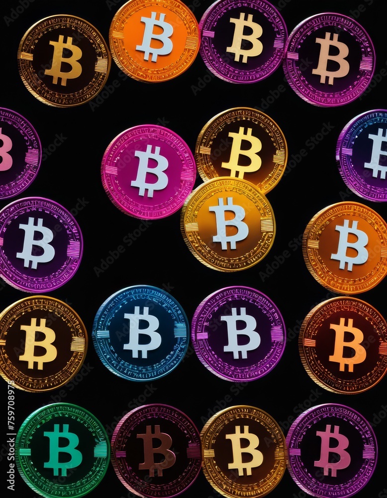 A vibrant collection of Bitcoin coins in multiple hues arranged in a grid on a black background. The image captures the digital currency in an array of rainbow colors, symbolizing diversity in the