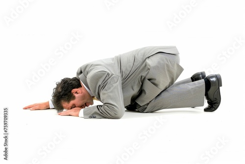 Japanese style togeza, an old businessman crawling on the floor with his face down. White background profile picture.