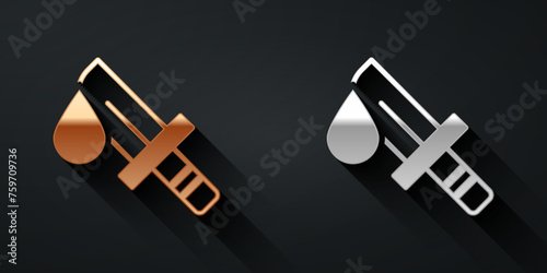 Gold and silver Bloody knife icon isolated on black background. Long shadow style. Vector