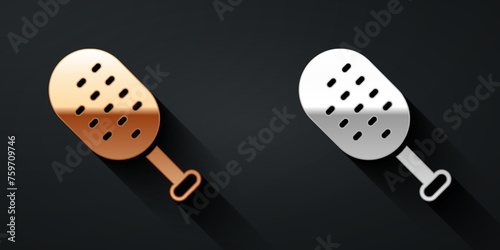 Gold and silver Sauna brush icon isolated on black background. Wooden brush with coarse bristles for washing in the bath. Anti cellulite massage. Long shadow style. Vector