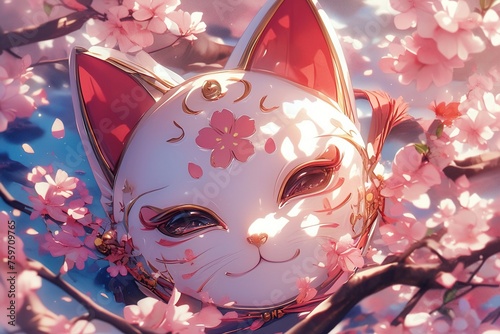 anime style illustration of closeup of japanese cat neko mask in pink sakura cherry flowers © Маргарита Вайс