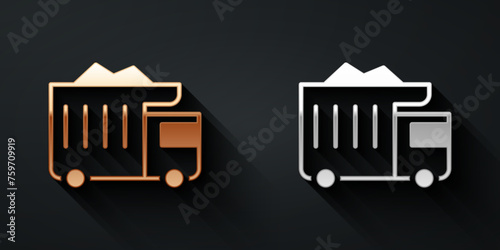 Gold and silver Large industrial mining dump truck icon isolated on black background. Big car. Long shadow style. Vector