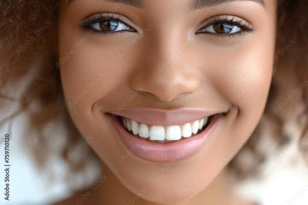 Close-up of a bright smiling African young woman child showing off healthy white teeth Close-up of a bright smiling African young woman child showing off healthy white teeth
