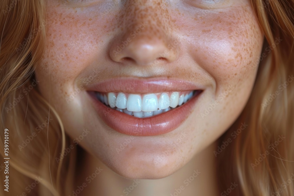 Close-up of a bright smiling European young woman showing off healthy white teeth