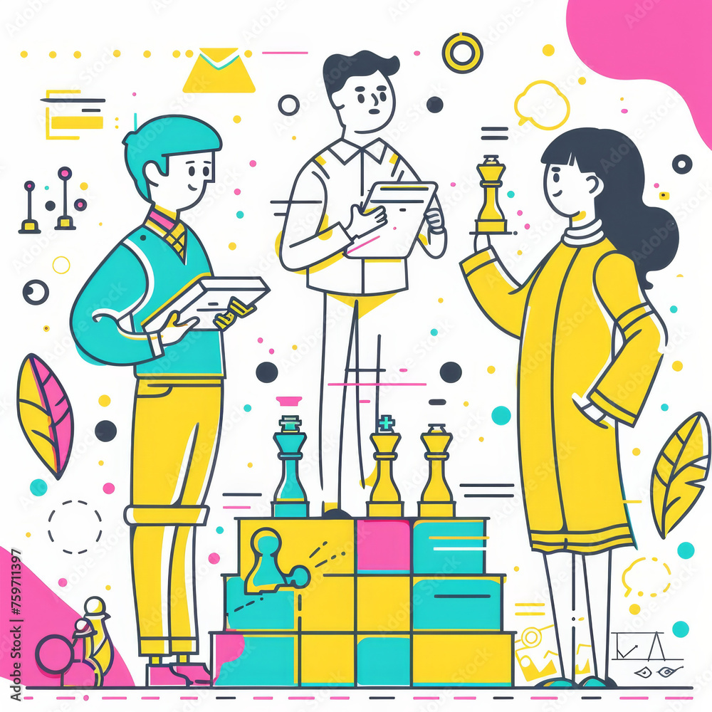 Colorful Line Illustration of Diverse Team Strategizing Over Chessboard Gen AI