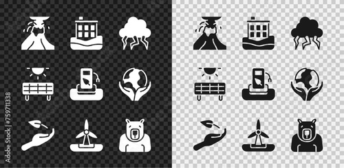 Set Volcano eruption with lava, House flood, Storm, Sprout in hand, Wind turbine, Polar bear head, Solar energy panel and Petrol gas station icon. Vector