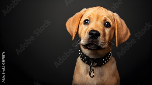 Nice puppy dog with black luxury jewelry collar necklace on black background photo