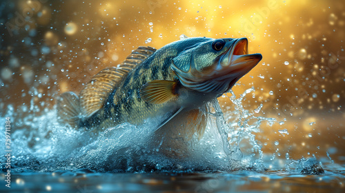 A large fish surges through water with its mouth open, backlit by a golden sunset, droplets sparkling.