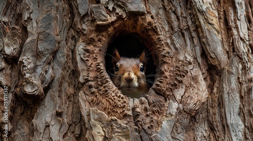 a squirrel hides in a tree hole to survive