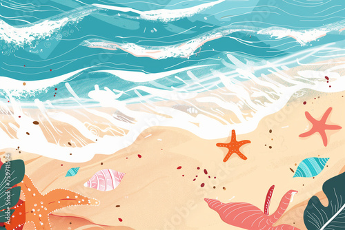 Whimsical beach illustration with jumping fish, starfish, shells, and waves in teal and orange hues.