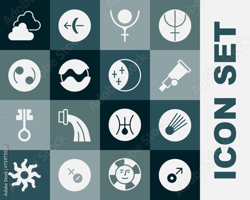 Set Mars symbol, Comet, Telescope, Symbol Pluto, Planet, Cancer zodiac, Cloudy weather and Eclipse of sun icon. Vector