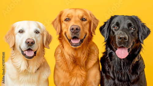 Three dogs with different fur colors sitting side by side, tongues out, against a yellow background.