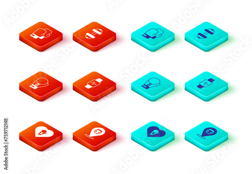 Set Boxing glove, helmet, Smart watch with heart, Dumbbell and icon. Vector