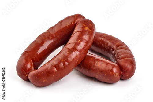 Smoked pork sausage ring, isolated on white background. High resolution image.