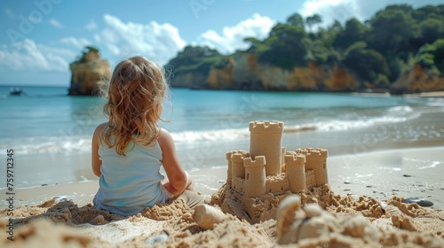  children in Beach with sandcastle on beach with sea view