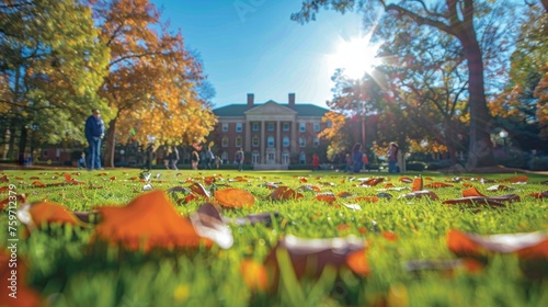 college student outdoors on a college oval on the grass looking with their parents taking a college tour. photo