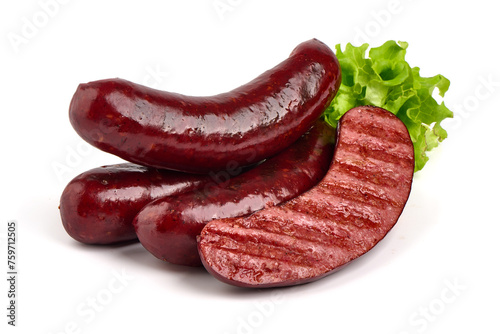 German grilled pork sausages with lettuce, close-up, isolated on white background.