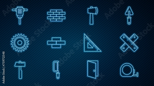 Set line Roulette construction, Crossed ruler, Wooden axe, Bricks, Circular saw blade, Electric rotary hammer drill, Triangular and icon. Vector