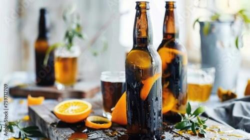 A chilled bottle of orange-flavored beer next to a sliced orange