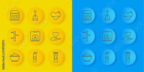 Set line Sea salt in a bowl, Bamboo stems with leaves, Aroma lamp, Bottle of shampoo, Heart on hand, Cream or lotion cosmetic tube, heal and Tea bag icon. Vector