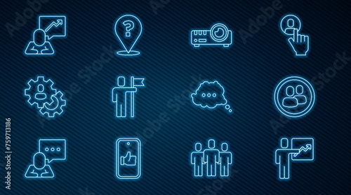 Set line Team leader, Project team base, Media projector, Head hunting, Speech bubble chat and Question mark icon. Vector