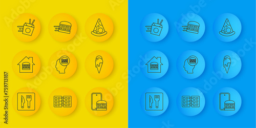 Set line Cafe and restaurant location, Online ordering delivery, Ice cream, noodles, Slice of pizza and burger icon. Vector