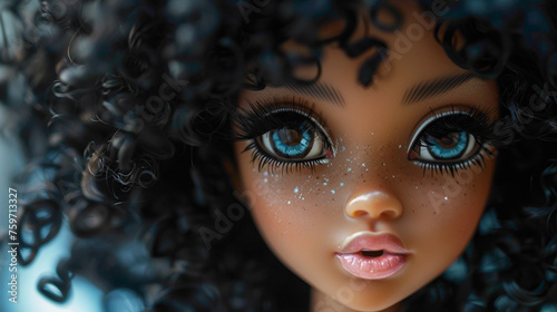 A character of cute doll with large eye and black hair.