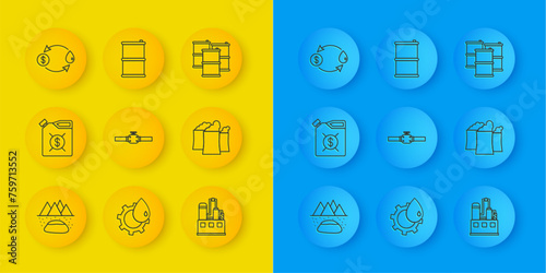 Set line Oilfield, Canister for motor machine oil, Industry pipes and valve, industrial factory building, exchange, Barrel and icon. Vector