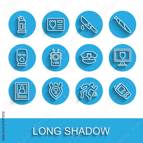 Set line Wanted poster, Police badge, Pepper spray, Crime scene, Walkie talkie, body camera, database and cap with cockade icon. Vector