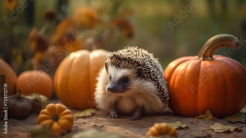 the little hedgehog sits on top of some pumpkins