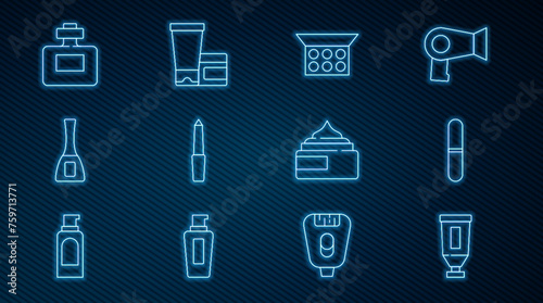 Set line Cream or lotion cosmetic tube, Nail file, Makeup powder with mirror, polish bottle, Perfume, and icon. Vector