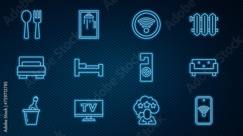 Set line Mobile with wi-fi wireless, Sofa, Wi-Fi, Hotel room bed, Fork and spoon, Please do not disturb and Shower cabin icon. Vector