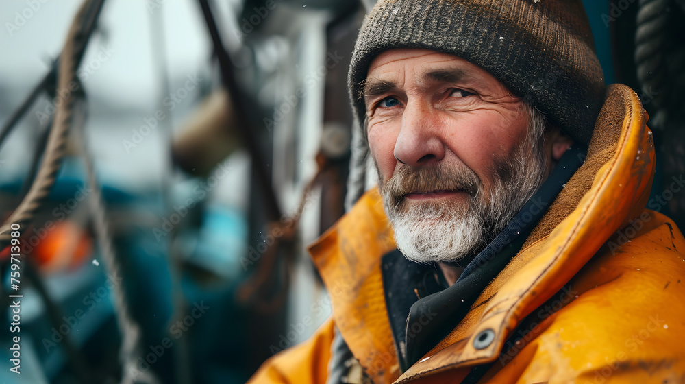 Portrait of adult fisherman on a trawler boat