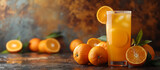 Fresh orange juice glass with ice cubes, Ripe oranges on background.