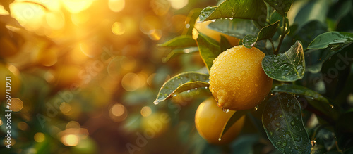 Ripe sweet juicy lemons on the tree close up. Lemon harvest, fruit garden. Sun light on background.