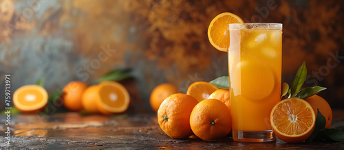 Fresh orange juice glass with ice cubes, Ripe oranges on background. © elenabdesign