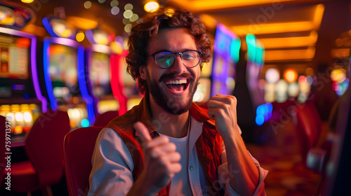 Portrait of a happy gambler win money in in casino playing at slot machines © safiya