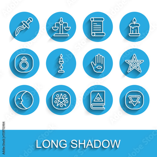 Set line Moon, Pentagram in a circle, Dagger, Ancient magic book, Earth element, Burning candle, and Hamsa hand icon. Vector