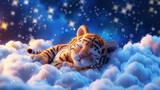 Cute little tiger sleeping on clouds 